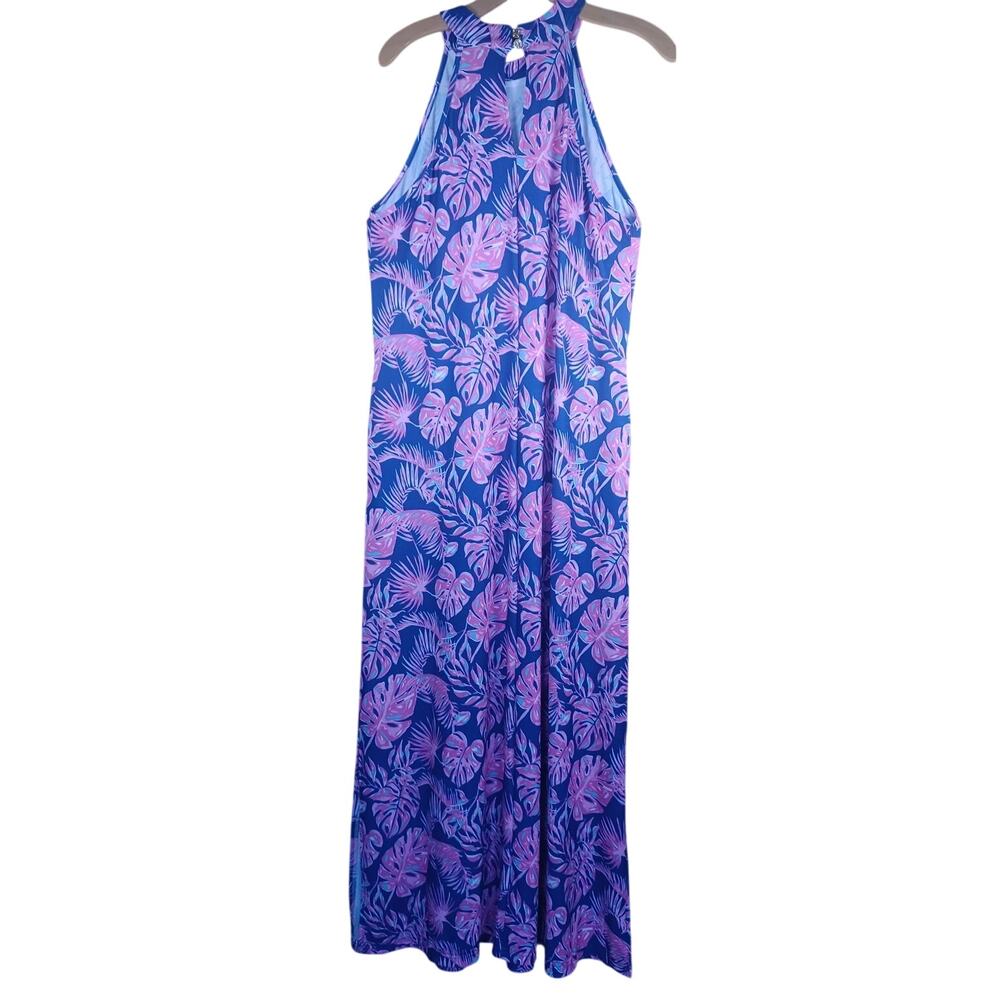 Simply Southern Tropical Palm Leaf Halter Maxi Dress Blue Pink Resort Beach L - Picture 5 of 9